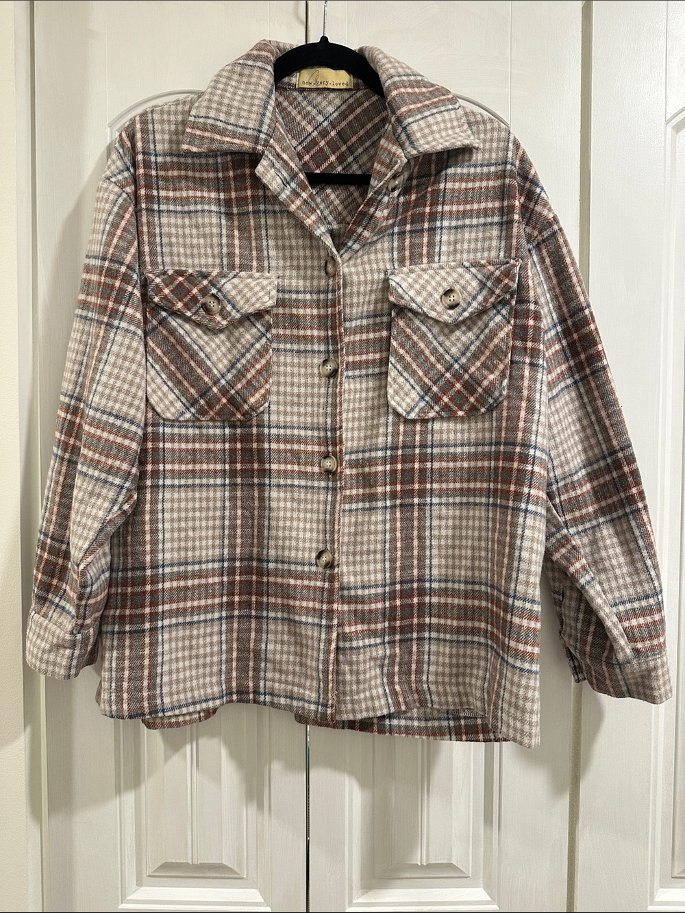 Women’sPlaid Button Front oversized Shacket- Cream & Brown, How Very Loved, Smal